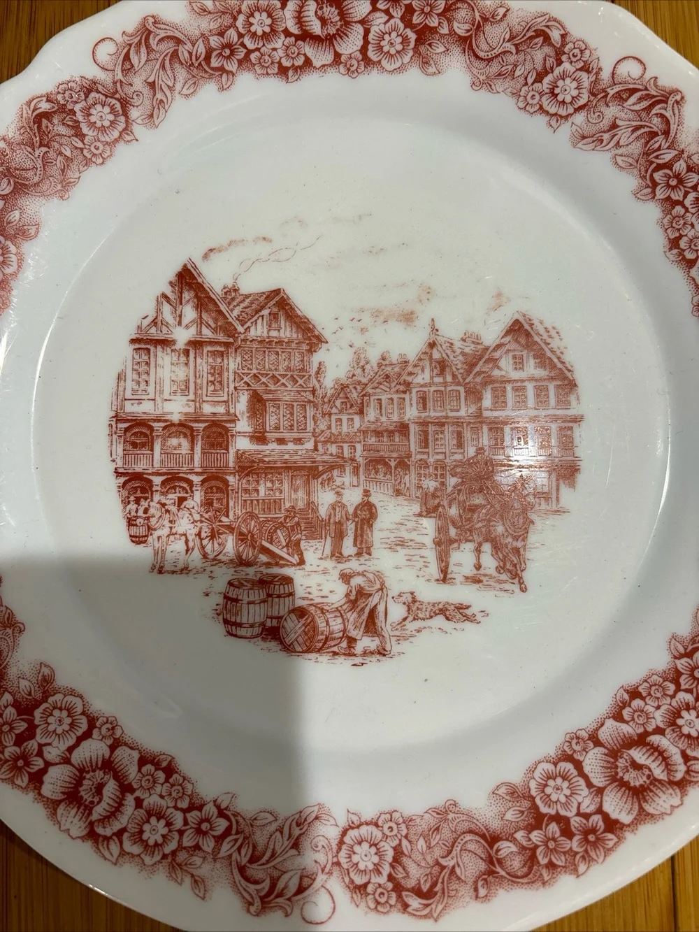 Red Transferware Dinner Plate with Floral Border